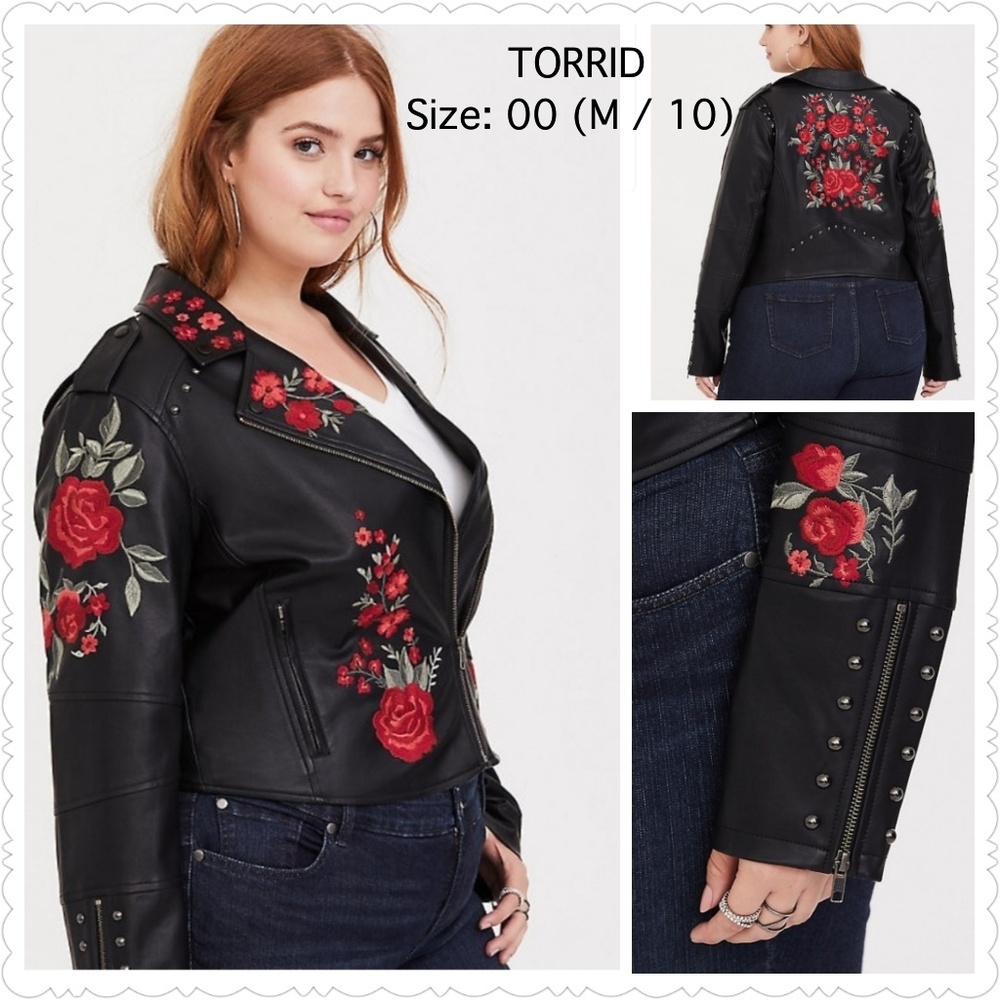 TORRID🌹BLACK FAUX LEATHER APPLIQUE MOTO JACKET🌹